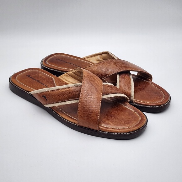 Tommy Bahama Sandals "Anchors Away" Mens‎ 12D Chestnut Brown Leather Cross Over - Picture 1 of 10
